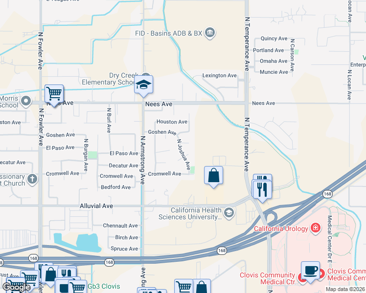 map of restaurants, bars, coffee shops, grocery stores, and more near 2366 Fallbrook Avenue in Clovis