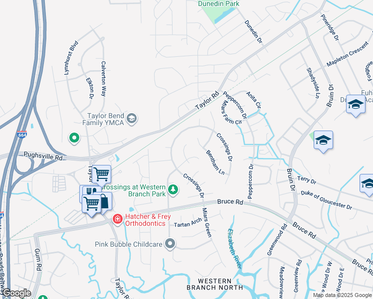 map of restaurants, bars, coffee shops, grocery stores, and more near 3409 Albury Court in Chesapeake