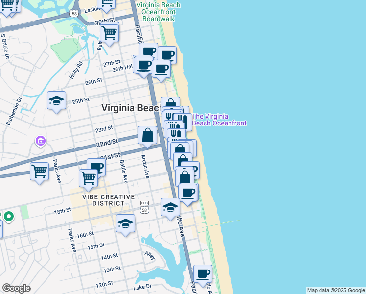 map of restaurants, bars, coffee shops, grocery stores, and more near 2015 Atlantic Avenue in Virginia Beach