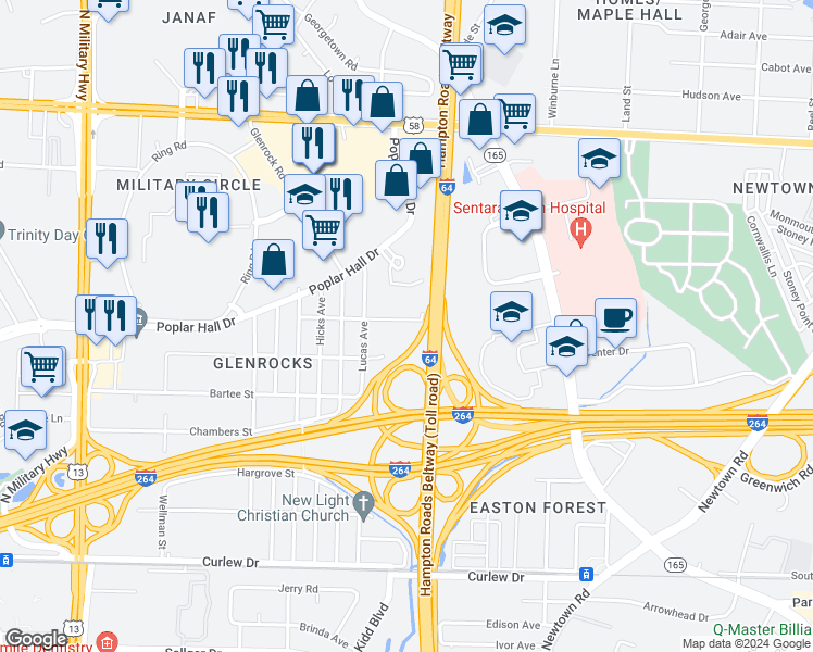 map of restaurants, bars, coffee shops, grocery stores, and more near 6031 Benton Street in Norfolk
