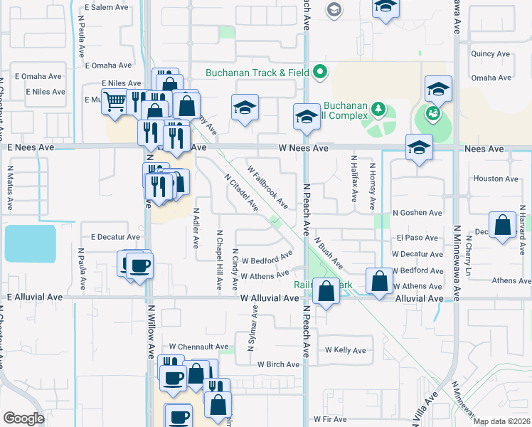 map of restaurants, bars, coffee shops, grocery stores, and more near 989 North Citadel Avenue in Clovis