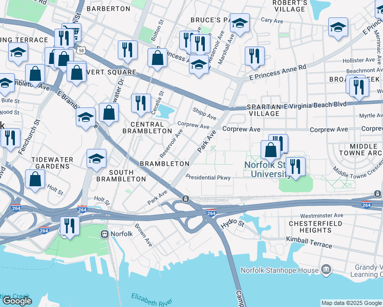 map of restaurants, bars, coffee shops, grocery stores, and more near 819 Park Avenue in Norfolk