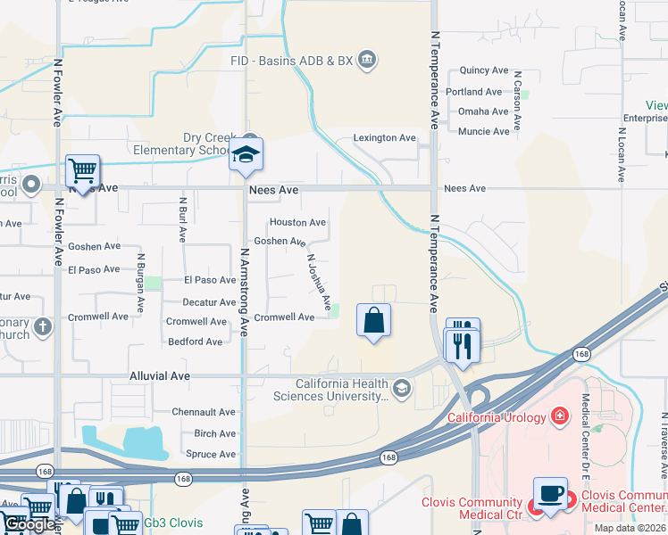 map of restaurants, bars, coffee shops, grocery stores, and more near 2366 Fallbrook Avenue in Clovis