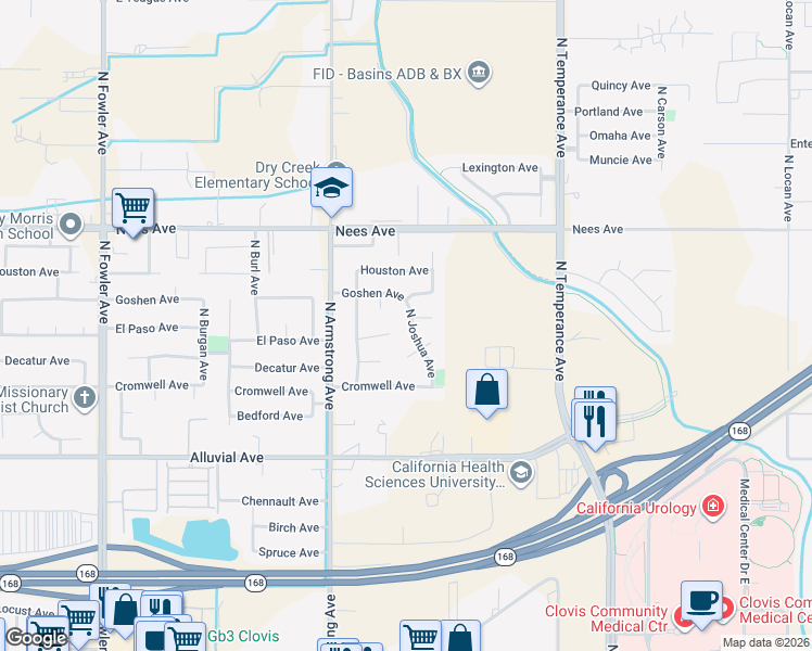 map of restaurants, bars, coffee shops, grocery stores, and more near 2366 Fallbrook Avenue in Clovis
