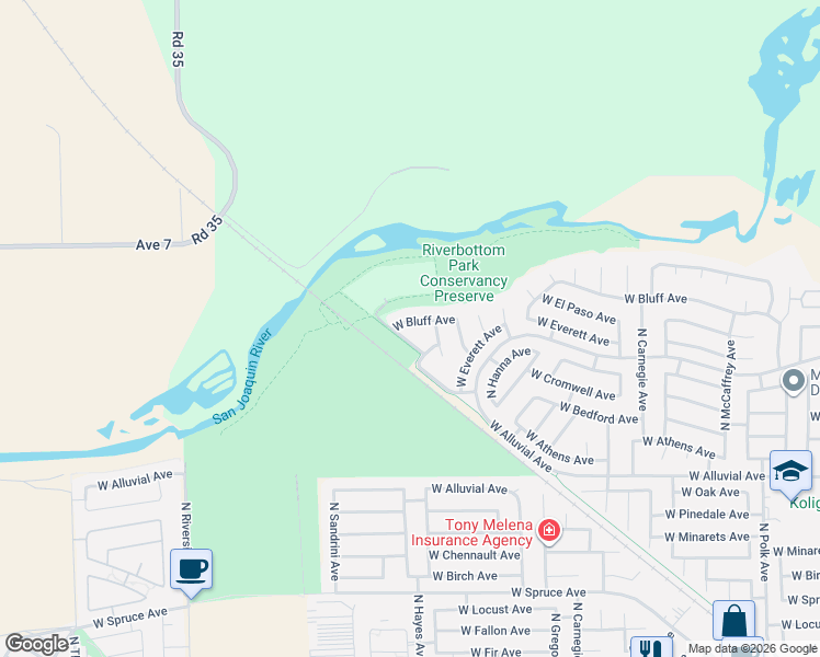 map of restaurants, bars, coffee shops, grocery stores, and more near 6115 West Bluff Avenue in Fresno