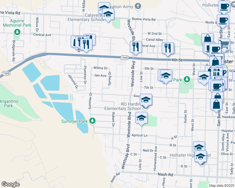 map of restaurants, bars, coffee shops, grocery stores, and more near 1070 South Street in Hollister