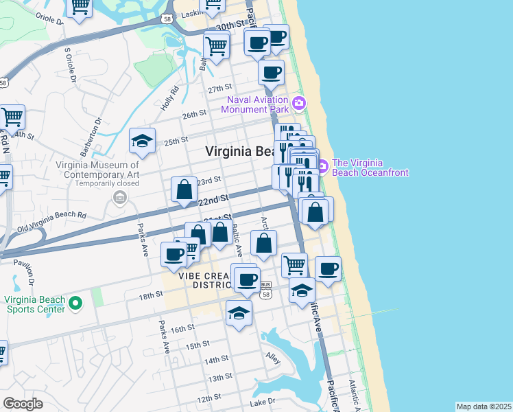 map of restaurants, bars, coffee shops, grocery stores, and more near 417 21 1/2 Street in Virginia Beach