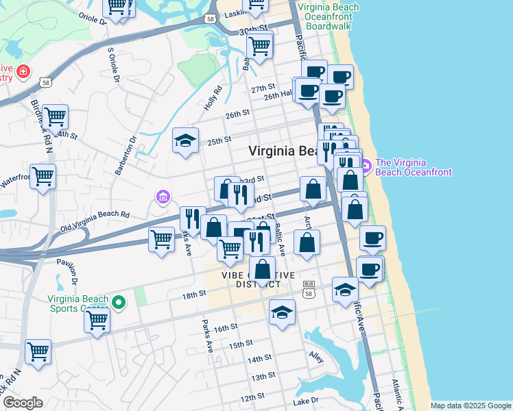 map of restaurants, bars, coffee shops, grocery stores, and more near in Virginia Beach