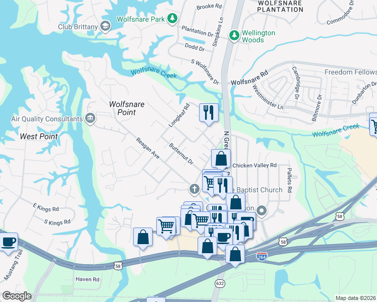 map of restaurants, bars, coffee shops, grocery stores, and more near 432 Chinaberry Court in Virginia Beach