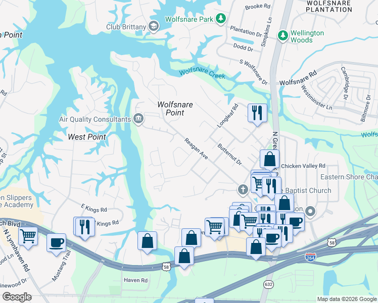 map of restaurants, bars, coffee shops, grocery stores, and more near 312 Falling Lane in Virginia Beach