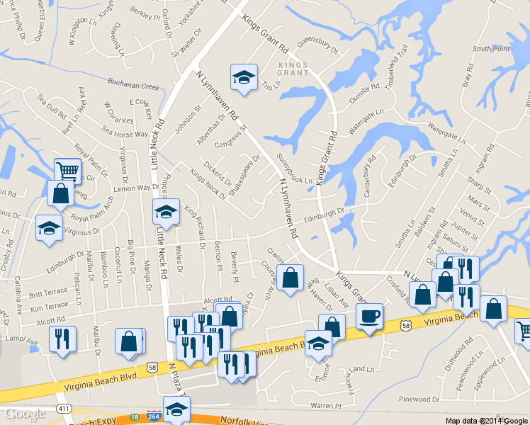 map of restaurants, bars, coffee shops, grocery stores, and more near 3332 Kings Neck Drive in Virginia Beach