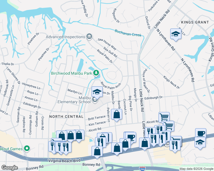 map of restaurants, bars, coffee shops, grocery stores, and more near in Virginia Beach