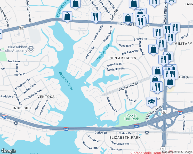 map of restaurants, bars, coffee shops, grocery stores, and more near 5425 Lake Ridge Circle in Norfolk