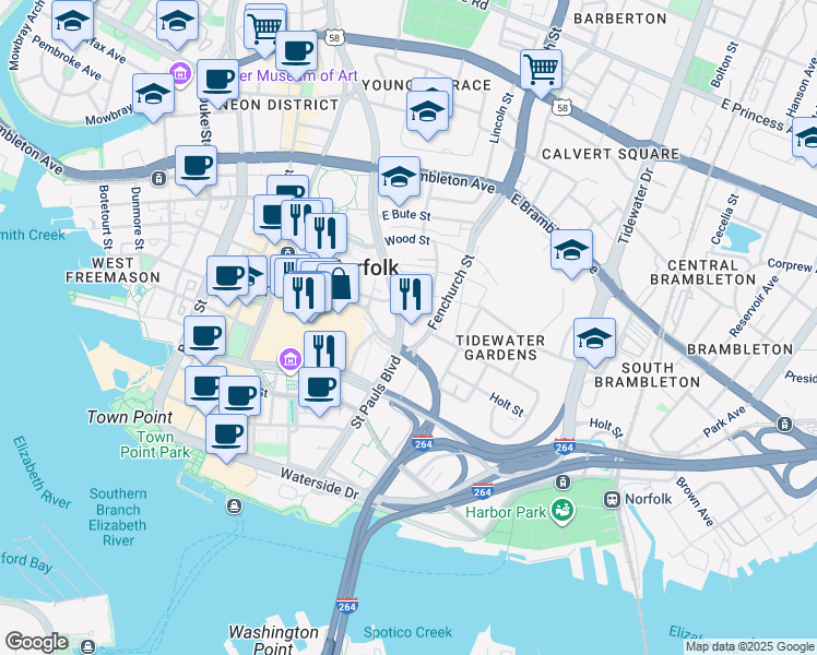 map of restaurants, bars, coffee shops, grocery stores, and more near in Norfolk