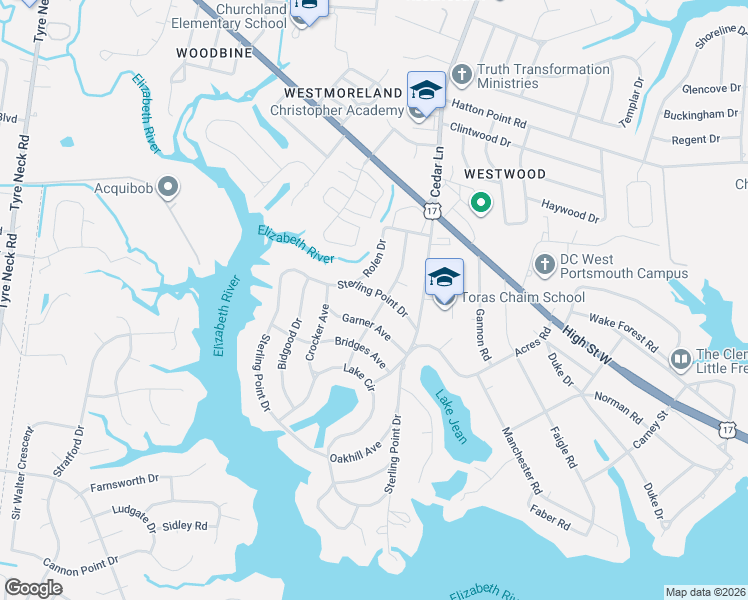 map of restaurants, bars, coffee shops, grocery stores, and more near 2101 Sterling Point Drive in Portsmouth