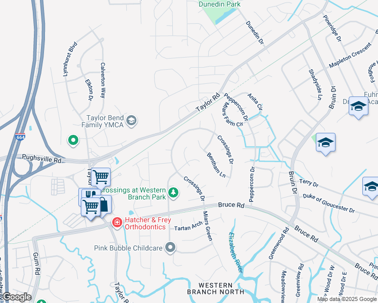map of restaurants, bars, coffee shops, grocery stores, and more near 3409 Albury Court in Chesapeake