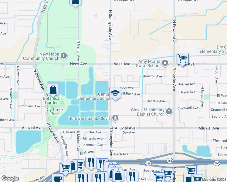 map of restaurants, bars, coffee shops, grocery stores, and more near 1414 Fallbrook Avenue in Clovis