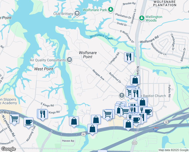 map of restaurants, bars, coffee shops, grocery stores, and more near 312 Falling Lane in Virginia Beach
