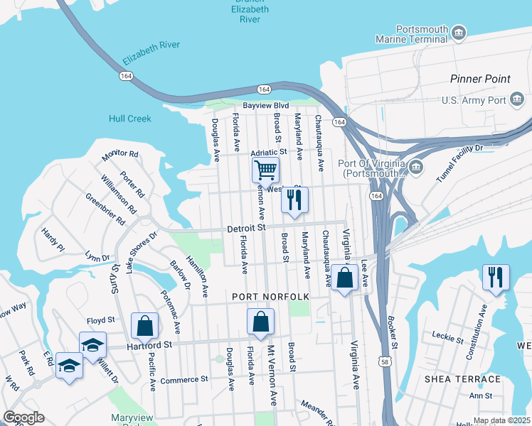 map of restaurants, bars, coffee shops, grocery stores, and more near 339 Mount Vernon Avenue in Portsmouth