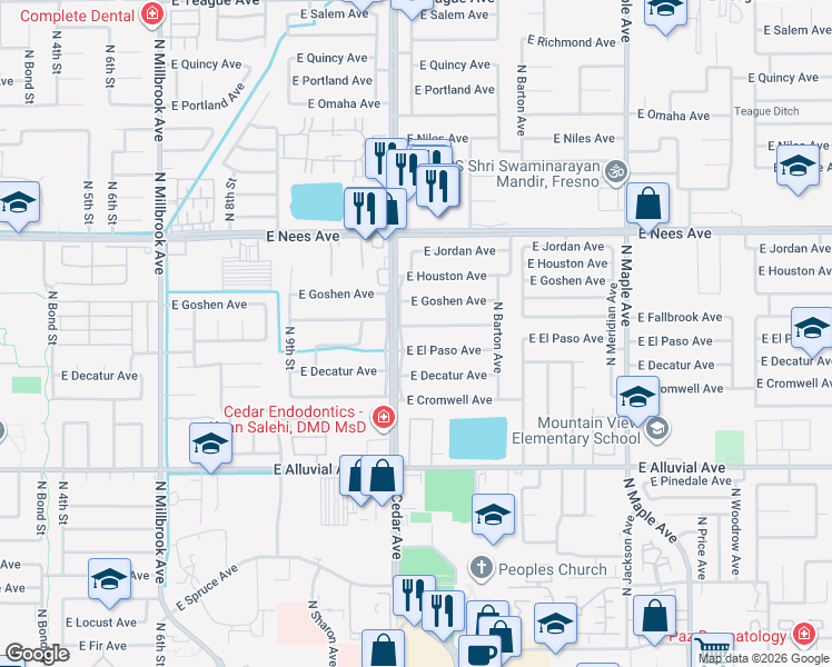 map of restaurants, bars, coffee shops, grocery stores, and more near 1527 East Fallbrook Avenue in Fresno
