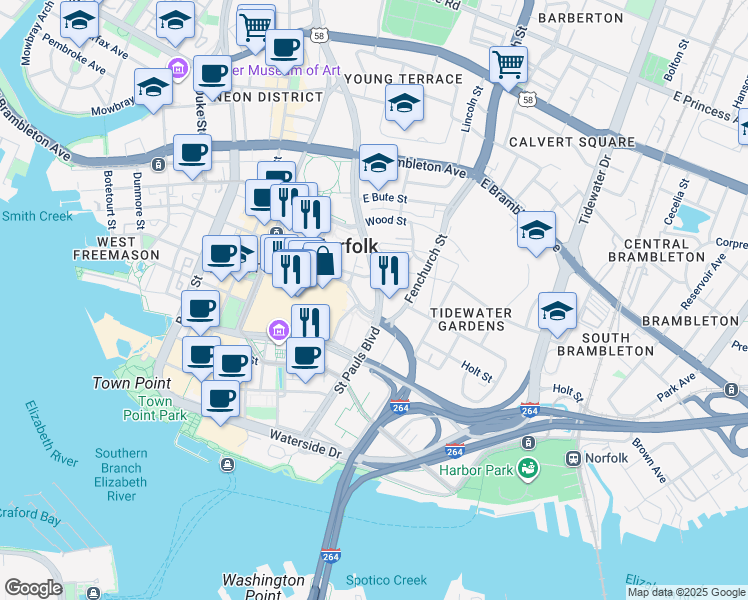 map of restaurants, bars, coffee shops, grocery stores, and more near 433 Saint Pauls Boulevard in Norfolk