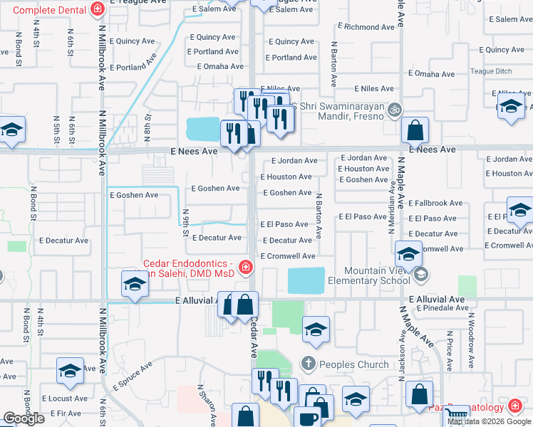 map of restaurants, bars, coffee shops, grocery stores, and more near 1527 East Fallbrook Avenue in Fresno