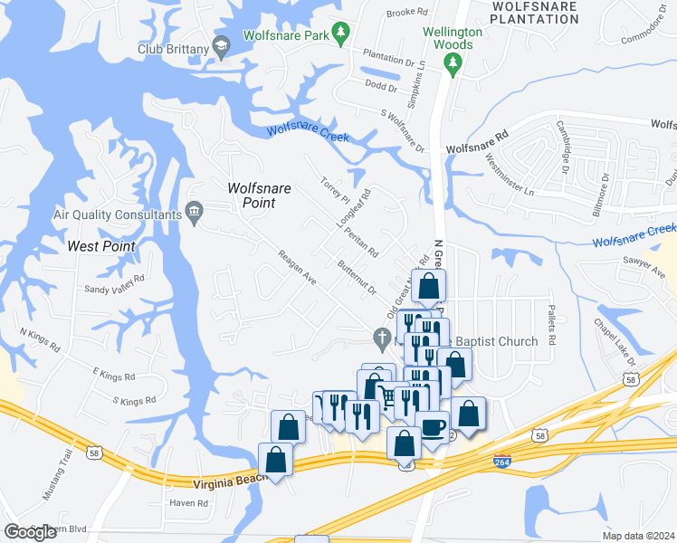 map of restaurants, bars, coffee shops, grocery stores, and more near 411 Shagbark Road in Virginia Beach