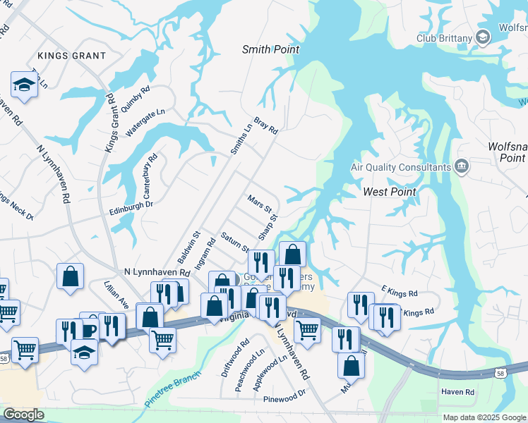 map of restaurants, bars, coffee shops, grocery stores, and more near 2909 Mars Street in Virginia Beach