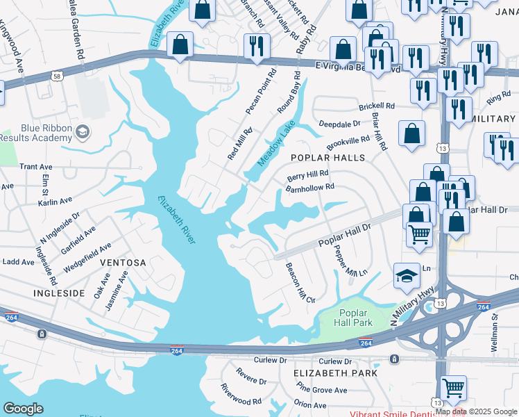 map of restaurants, bars, coffee shops, grocery stores, and more near 5425 Lake Ridge Circle in Norfolk