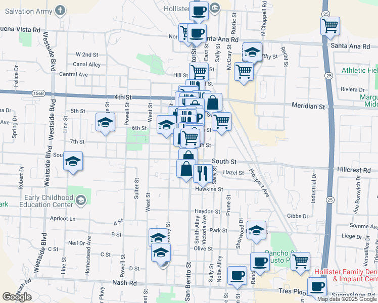 map of restaurants, bars, coffee shops, grocery stores, and more near 726 San Benito Street in Hollister