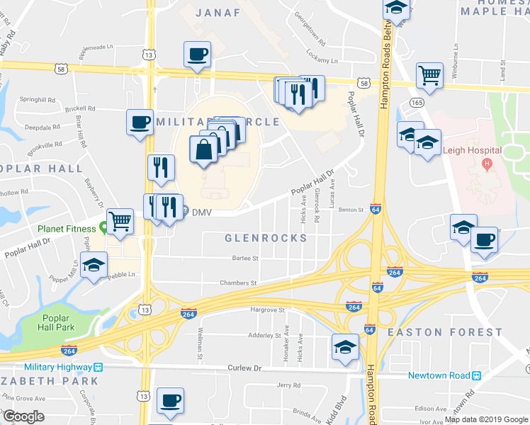 map of restaurants, bars, coffee shops, grocery stores, and more near 462 Frizzell Avenue in Norfolk