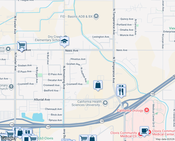 map of restaurants, bars, coffee shops, grocery stores, and more near 2366 Fallbrook Avenue in Clovis