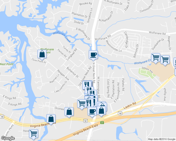 map of restaurants, bars, coffee shops, grocery stores, and more near 479 Old Great Neck Road in Virginia Beach