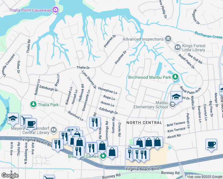 map of restaurants, bars, coffee shops, grocery stores, and more near 3816 Honeytree Lane in Virginia Beach