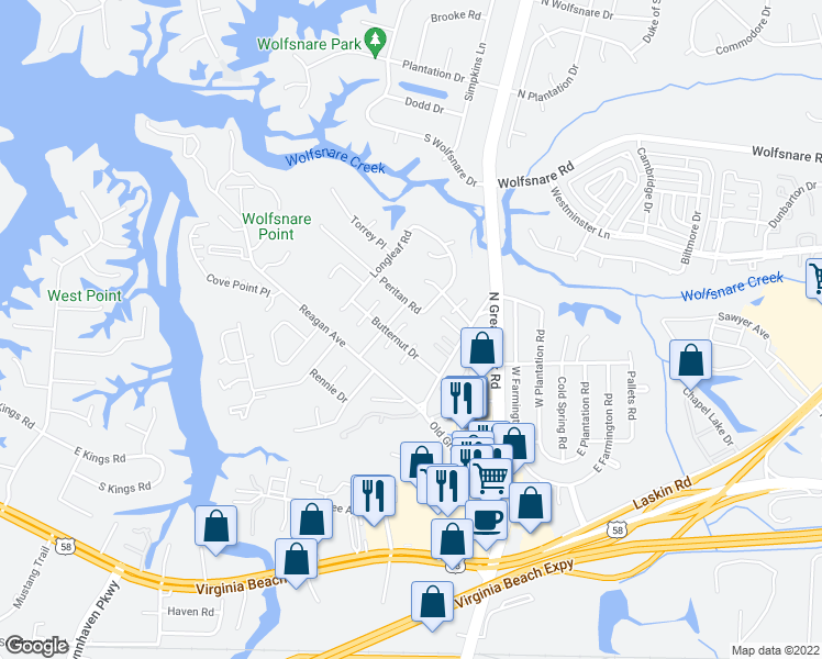 map of restaurants, bars, coffee shops, grocery stores, and more near 430 Chinaberry Court in Virginia Beach