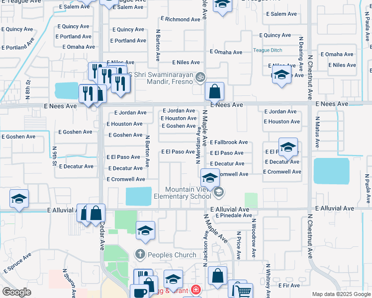 map of restaurants, bars, coffee shops, grocery stores, and more near 1842 East El Paso Avenue in Fresno