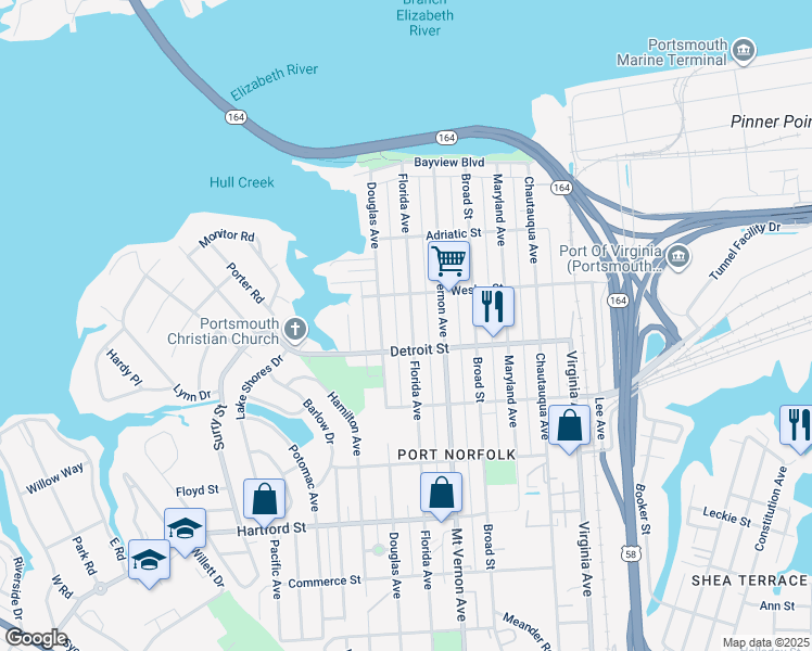 map of restaurants, bars, coffee shops, grocery stores, and more near 332 Florida Avenue in Portsmouth