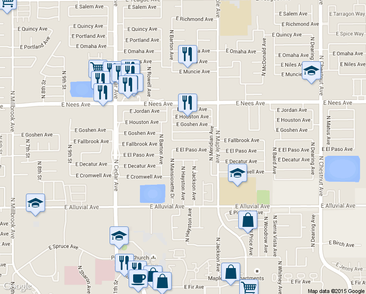 map of restaurants, bars, coffee shops, grocery stores, and more near 1776 East El Paso Avenue in Fresno