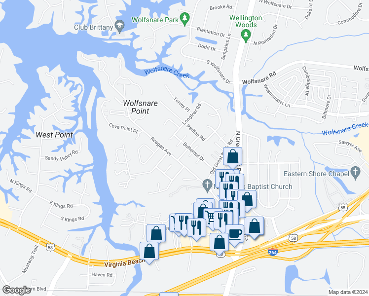 map of restaurants, bars, coffee shops, grocery stores, and more near 413 Shagbark Road in Virginia Beach