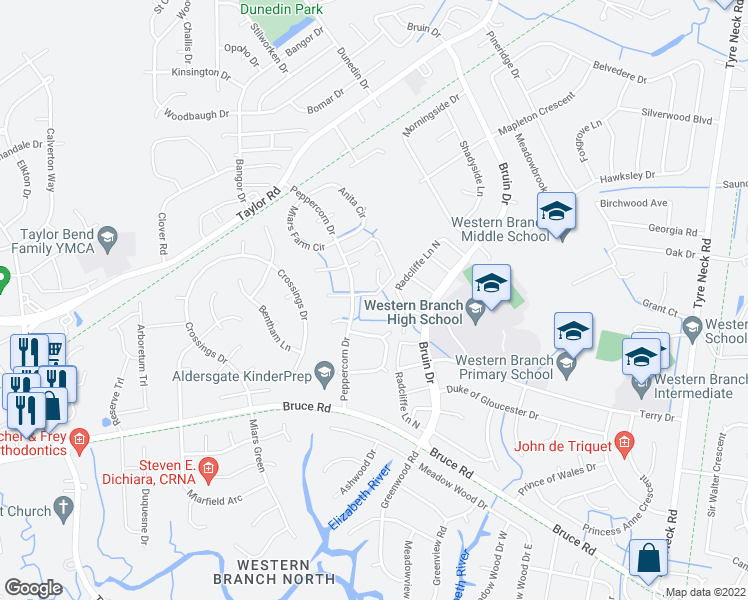 map of restaurants, bars, coffee shops, grocery stores, and more near 3534 Sugar Run in Chesapeake