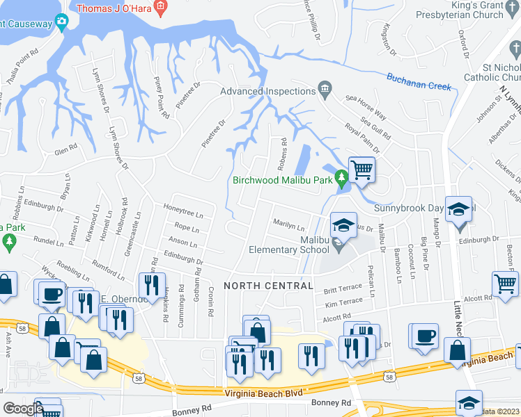 map of restaurants, bars, coffee shops, grocery stores, and more near 553 Caren Drive in Virginia Beach