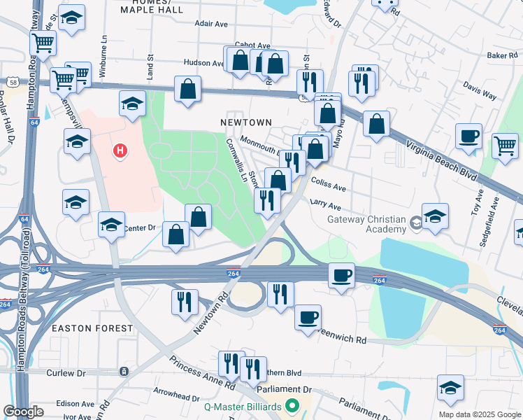 map of restaurants, bars, coffee shops, grocery stores, and more near 6649 Cornwallis Lane in Norfolk