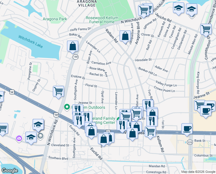 map of restaurants, bars, coffee shops, grocery stores, and more near 4928 Floral Street in Virginia Beach
