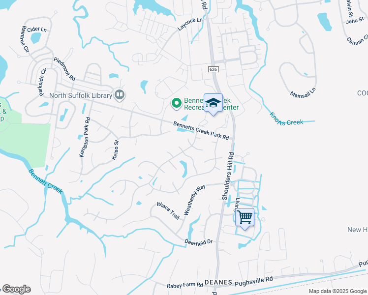 map of restaurants, bars, coffee shops, grocery stores, and more near 3600 Preakness Circle in Suffolk