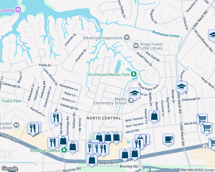map of restaurants, bars, coffee shops, grocery stores, and more near 3741 Virginius Drive in Virginia Beach