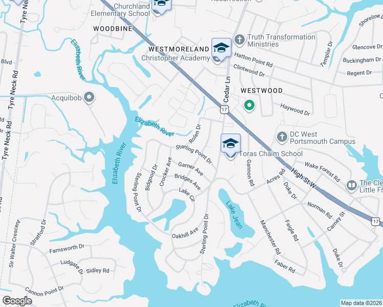 map of restaurants, bars, coffee shops, grocery stores, and more near 2101 Sterling Point Drive in Portsmouth