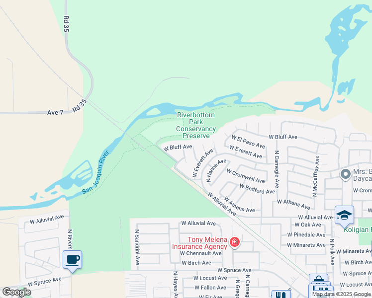 map of restaurants, bars, coffee shops, grocery stores, and more near 6055 West Bluff Avenue in Fresno