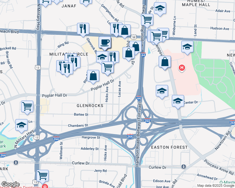 map of restaurants, bars, coffee shops, grocery stores, and more near 467 Lucas Avenue in Norfolk