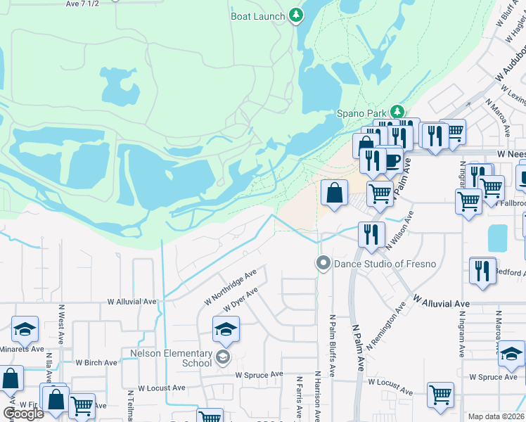 map of restaurants, bars, coffee shops, grocery stores, and more near 1230 West Moraga Road in Fresno