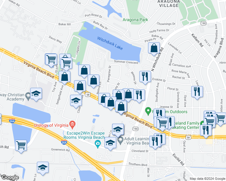 map of restaurants, bars, coffee shops, grocery stores, and more near 311 Osprey Street in Virginia Beach